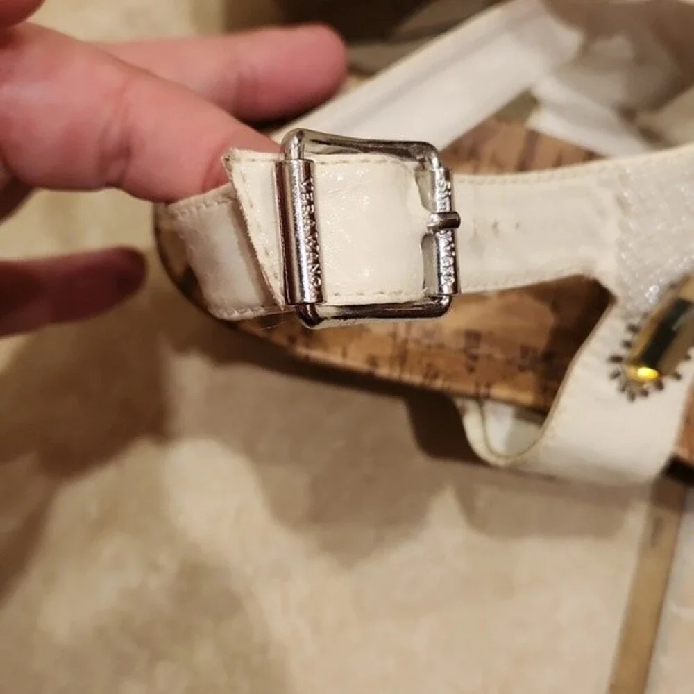 Simply Vera Vera Wang Brown Wedge Sandals w/ Bejeweled White Straps Size 10